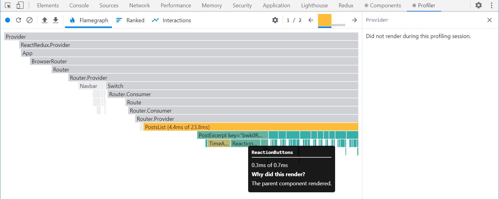 React DevTools Profiler render capture - &lt;PostsList&gt;